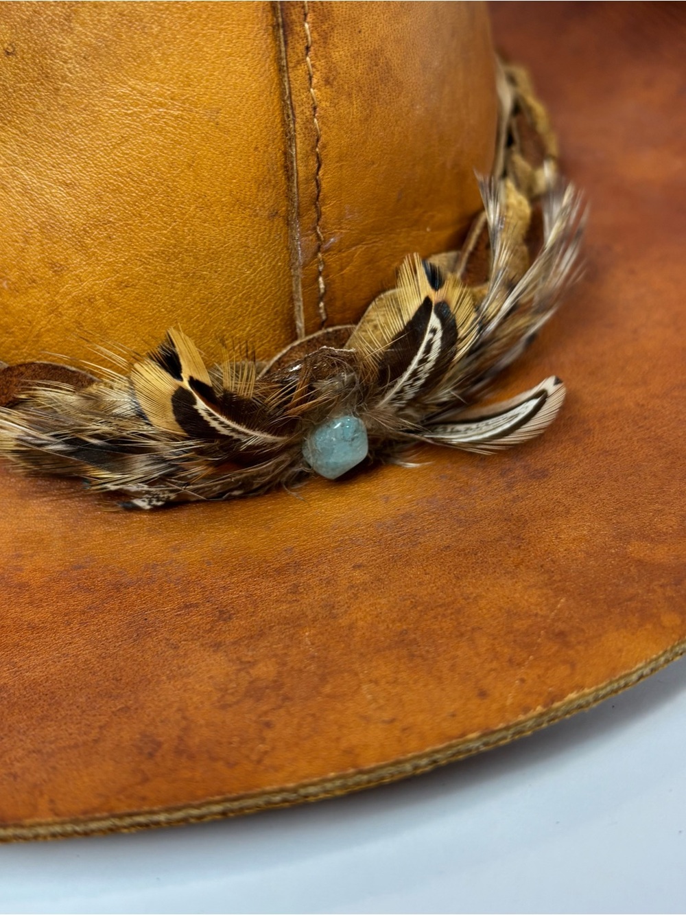 Vtg Henschel Skully’s Suede Leather Brown Outback Western Hat Men's Med Feather - Picture 6 of 9